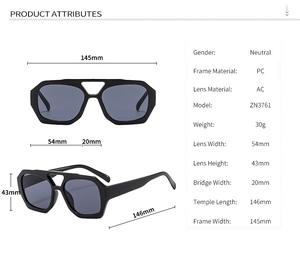 Dessin technique détaillé de lunettes de soleil tendance avec dimensions de la monture