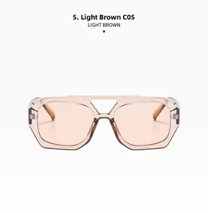 Detail view of light brown aviator sunglasses with geometric semi-transparent frame C05