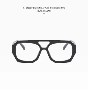 Detail of glossy black irregular frame aviator glasses with anti-blue light clear lenses