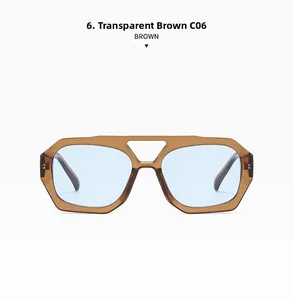 Détail macro de lunettes de soleil géométriques marron transparent avec verres bleus et double pont