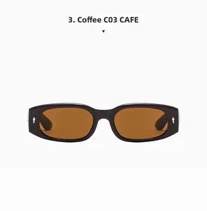 Detailansicht der kaffeebraunen rechteckigen Sonnenbrille mit silbernen Nieten und Gläsern