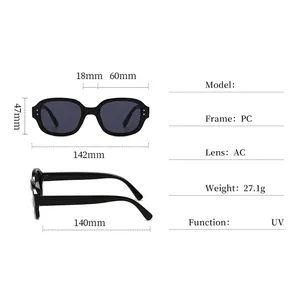 Detailed size chart for retro oval sunglasses with PC frame and AC UV protection lenses