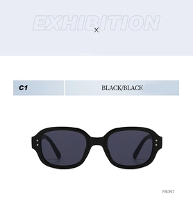 Front view of black rectangular sunglasses featuring retro double rivet details and dark lenses