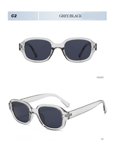Front and 45-degree angle view of square transparent grey frames with dark lenses