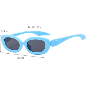 Retro blue oval sunglasses with black lenses, dimensions 13.8cm wide and 2.9cm high