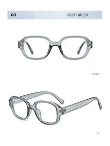 Front and side view of grey green transparent square frame sunglasses in retro style