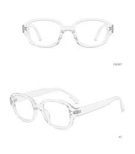 Front and 45-degree angle views of transparent rectangular frame sunglasses with structural detail