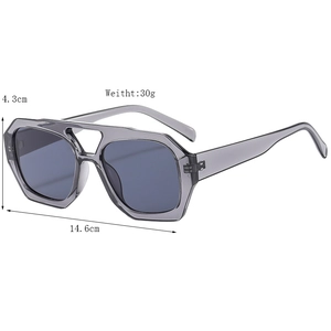 Modern geometric irregular double-bridge sunglasses with translucent dark grey frames