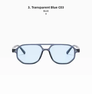 Detail of transparent blue double bridge sunglasses with metal rivet and blue lenses