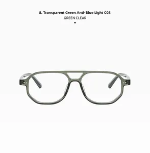 Close-up of double-bridge aviator glasses with transparent forest green frames and anti-blue lenses