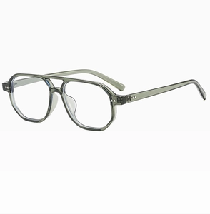 Detail of retro double-bridge sunglasses featuring silver rivets and transparent gray frame