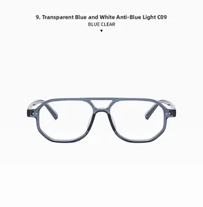 Detail of blue clear retro double bridge frame sunglasses with anti-blue light lenses