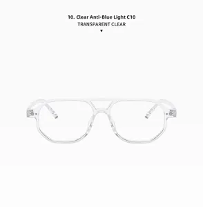 Detail view of transparent pilot glasses with double bridge and anti-blue light lenses