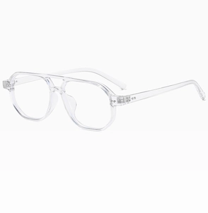 Detail view of transparent double-bridge aviator frames with vintage rivet accents