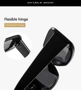 Detail show of black oversized sunglasses featuring flexible hinges and high quality painting