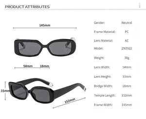 Detailed sizing guide showing lens width, frame height and bridge dimensions for sunglasses