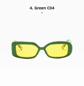 Close-up of rectangle retro sunglasses with green frame and yellow lenses, C04 style