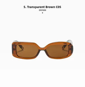 Detail view of transparent brown rectangular sunglasses frame with C05 model mark