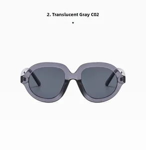 Dettaglio degli occhiali da sole tondi oversize grigio trasparente con lenti scure