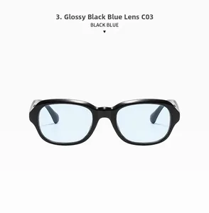 Vue détaillée des lunettes de soleil ovales C03 vintage noir brillant et verres bleus