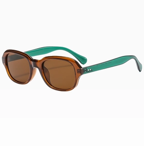 Détail de lunettes de soleil ovales avec monture marron et branches vertes translucides
