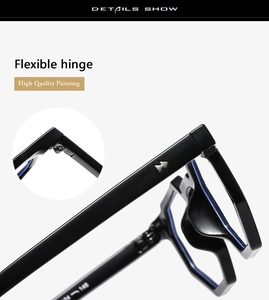 Detail of flexible hinges and silver metal accents on black irregular glasses frames