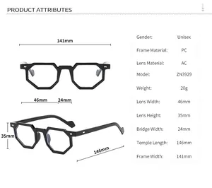 Detailed size chart for unisex irregular frame glasses with precise dimensions
