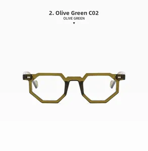 Detailed macro shot of irregular olive green eyewear frame in minimalist design