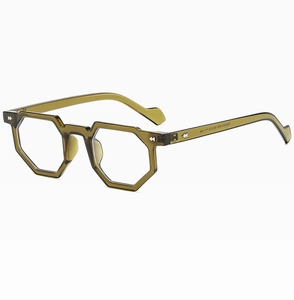 Detail view of olive green geometric glasses frame showing model TR3338 on temple