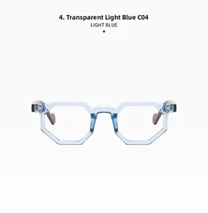 Macro detail of irregular hexagonal light blue glasses frame with C04 color code