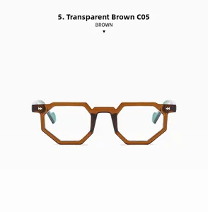 Detail view of transparent tea brown hexagonal eyeglass frames with durable TR material