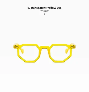 Detail of transparent yellow hexagonal eyeglass frames with high transparency resin finish