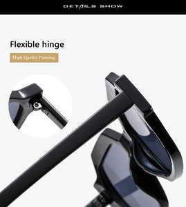 Detail of sunglasses featuring flexible hinge design and high quality painting finish