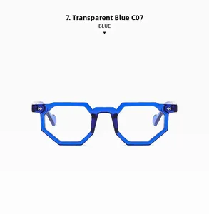 Detail of transparent blue hexagonal glasses frames with silver metal hinge accents