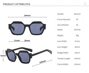 Detailed size chart of oversized geometric sunglasses showing PC frame and AC lens dimensions