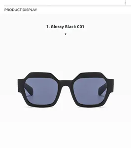 Detailed front view of bright black polygon oversized sunglasses with smoke lenses