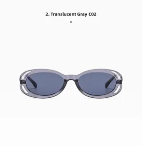 Vue détaillée des lunettes de soleil ovales gris transparent avec design évidé, modèle C02