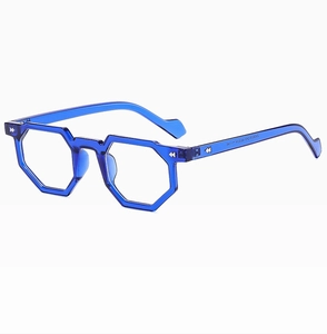 Macro view of blue translucent polygonal frames with metal hinge details and size stamps