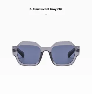 Front view of transparent gray oversized polygonal sunglasses with dark gray lenses