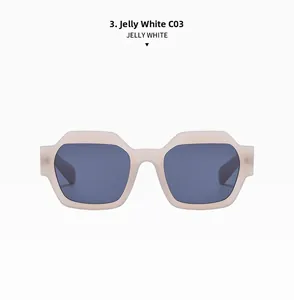Detail of jelly white geometric sunglasses with dark blue lenses and matte finish