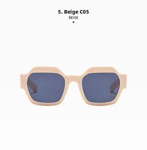 Detailed front view of beige geometric polygon sunglasses with thick frame and dark lenses