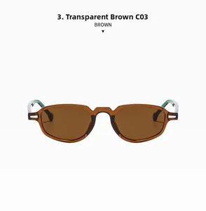 Détail de lunettes de soleil ovales marron transparent avec des accents vert menthe