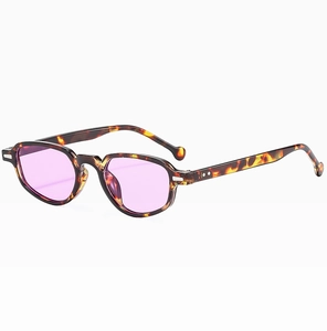 Détail de lunettes de soleil ovales en écaille avec des verres violets et branches