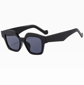 Detail view of thick black square sunglasses frame with dark grey fashion lenses