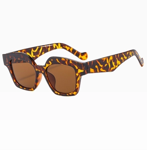Detail view of retro geometric thick square frame sunglasses with leopard print pattern