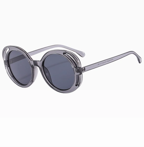 Macro shot of gray transparent resin sunglasses frame with unique layered step design