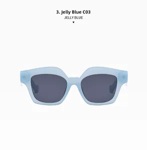 Detailed front view of Jelly Blue C03 square frame sunglasses with dark grey lenses