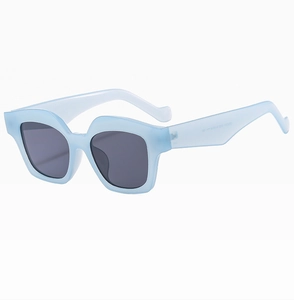 Close-up of light blue frosted frame and grey lenses with size markings on temple