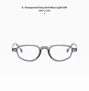 Détail de lunettes rétro gris transparent avec verres anti-lumière bleue et code C09