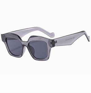 Detail of wide temples on gray translucent oversized sunglasses with model ZN3121